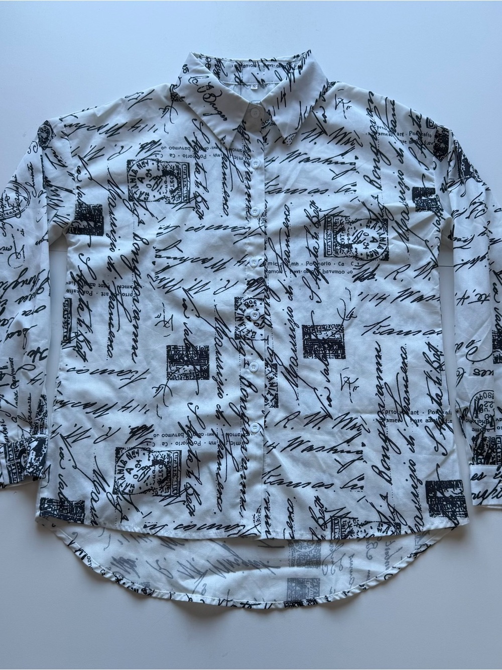 Men's Script-Print Long Sleeve Button-Down Shirt - White/Black